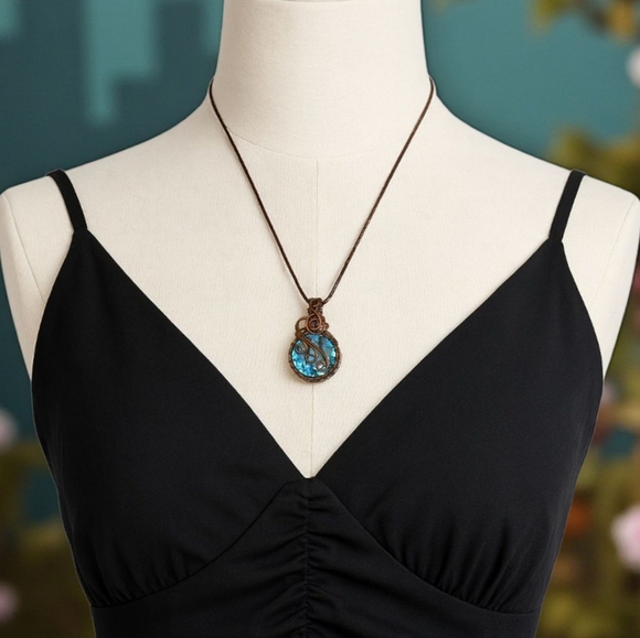 π Boho Chic Genuine Light Blue Quartz Copper Wire Wrapped Pendant Necklace - Picture 3 of 11